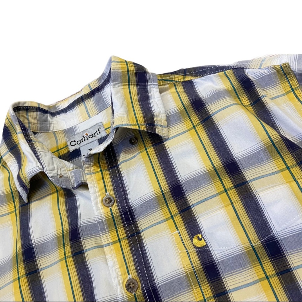 Men’s Carhartt Short Sleeve Button Down Yellow & Blue Plaid Shirt Medium